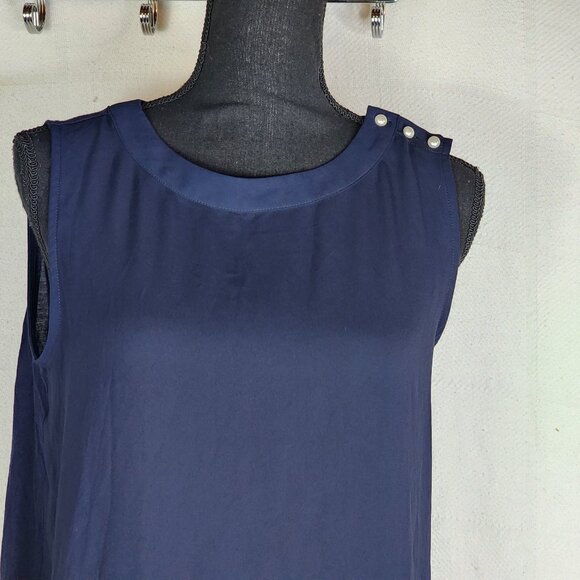 Loft Navy Sleeveless Duo Fabric Poly Front Rayon Back Faux Pearl Detail Top Sz M - Picture 5 of 16